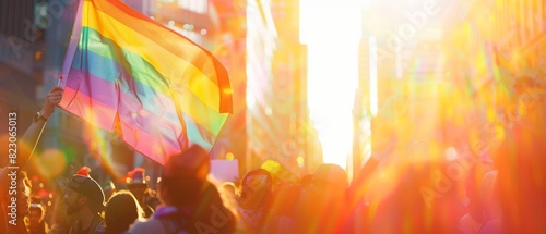 Colorful pride parade featuring a prominent rainbow flag, sunlit cityscape, blurred celebrants photo