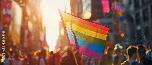 Colorful pride parade with a large rainbow flag up front, sunlit city skyline, blurred participants