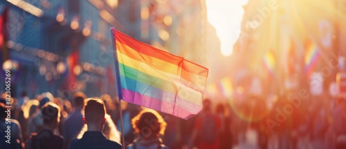 Energetic pride parade with a prominent rainbow flag, cityscape under warm sunlight, blurred crowd photo