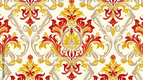 Vintage floral damask pattern featuring intricate red and gold swirls set against a classic cream colored wallpaper background.