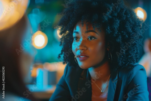 Medium shot businesswoman in discussion with colleague at workstation