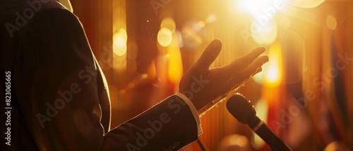 Hands of a leader gesturing passionately while giving an Independence Day speech, podium and microphone in focus, with blurred national flags and sunlight lens flare photo