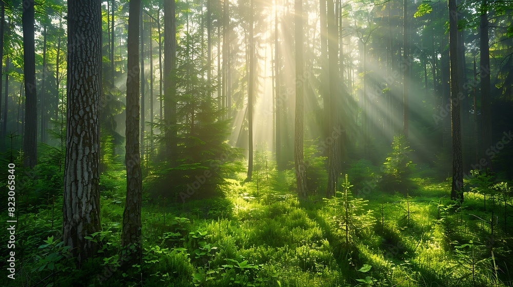 Obraz premium Enchanted Forest: Sunbeams Piercing Through Tall Trees in Lush Greenery - High-Resolution Nature Background with Copy Space for Stock Use.