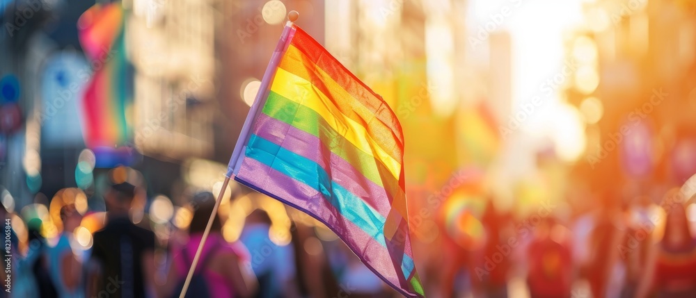 Joyful pride parade with a prominent rainbow flag, sunlit cityscape, blurred participants behind