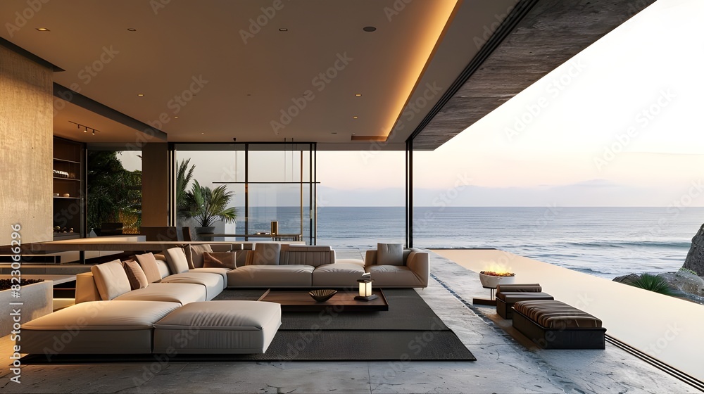 Fototapeta premium Luxury architecture, ocean front property landscape. Modern living room interior design with sleek contemporary designer furniture, minimalist decor large windows, panoramic coastal view background.