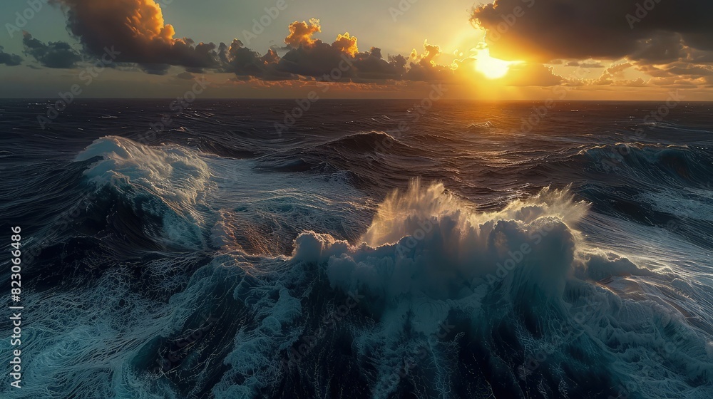 Fototapeta premium Ocean waves crash violently under a dramatic sunset sky to create an atmospheric backdrop for marine conservation and nature marketing projects.