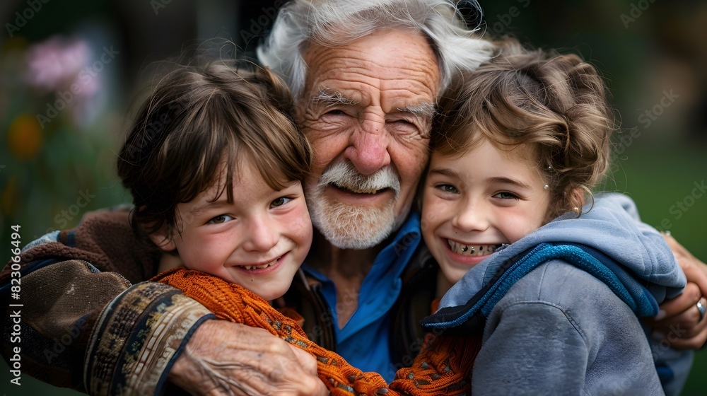Fototapeta premium Grandfather and granddaughter enjoying a sunny day at the park with their family