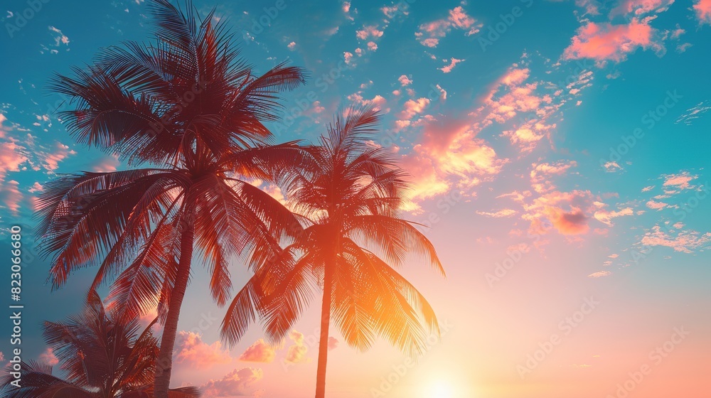 Tropical palm trees against a vibrant sunset Tropical palm trees against a vibrant sunset