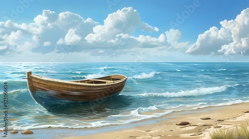 Boat on a Tropical Beach with Turquoise Waters and Blue Sky photo