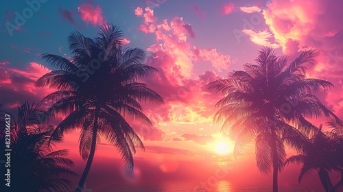 Tropical palm trees against a vibrant sunset