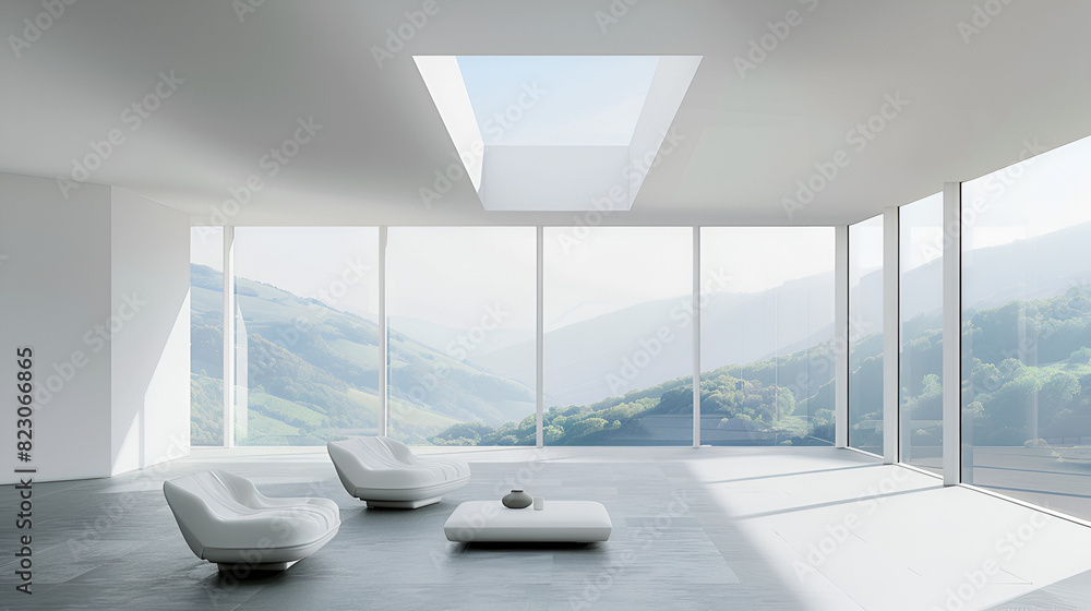 Fototapeta premium Awesome white 3D interior room with a landscape view, generative Ai