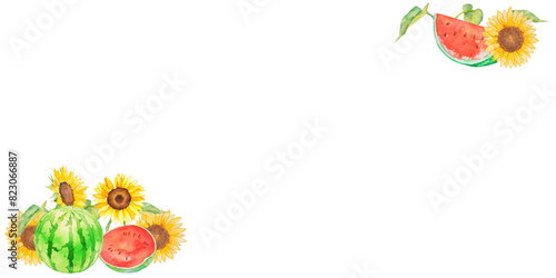 水彩で描いた夏のスイカとヒマワリのイラスト　フレーム