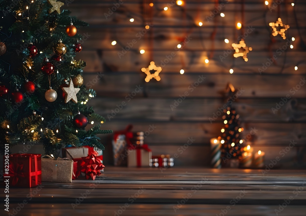 Christmas Decor with Tree, Gifts, and Wooden Wall