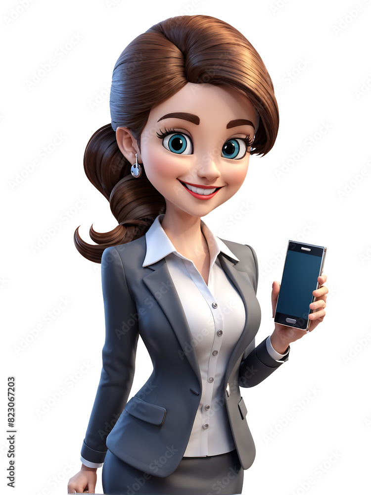 Happy 3d young business girl with phone. Cartoon character. Transparent background. Generative AI Happy 3d young business girl with phone. Cartoon character. Transparent background. Generative AI