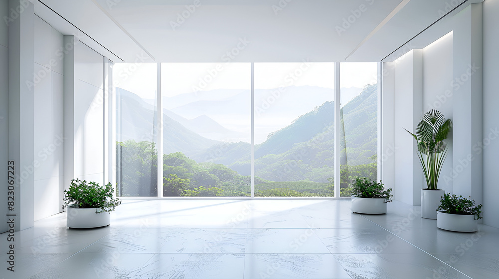 Fototapeta premium Awesome white 3D interior room with a landscape view, generative Ai