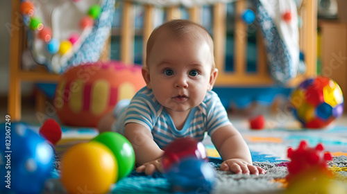 Baby boy with toys and balls, generative Ai