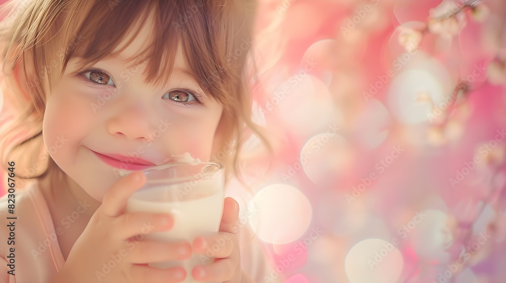 This image captures a close-up shot of a adorable child with rosy cheeks smiling while holding a glass of milk. The pastel background accentuates the innocence and purity of the moment This image captures a close-up shot of a adorable child with rosy cheeks smiling while holding a glass of milk. The pastel background accentuates the innocence and purity of the moment