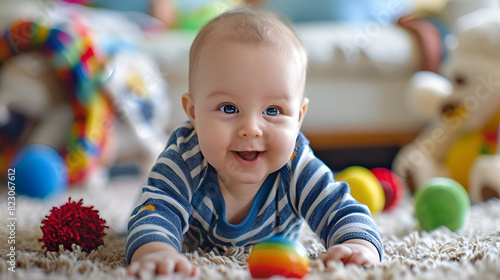 Baby boy with toys and balls, generative Ai