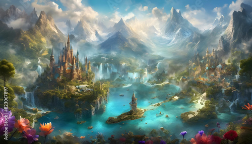 Explore a magical world of towering mountains, shimmering lakes, and mystical creatures in this fantastical landscape. photo