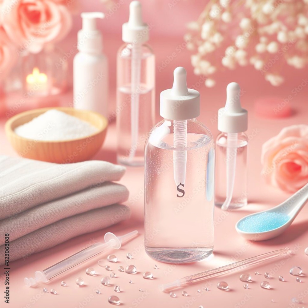  Composition produce with glass bottles essential rose floral, serum hyaluric acid and on pink background , oil, therapy, natural, organic, beauty skin, design generative ai, body care