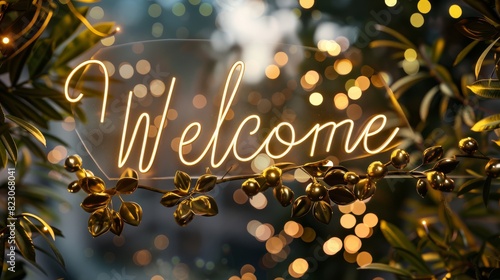 Welcome - calligraphy lettering on abstract glowing bokeh lights background.