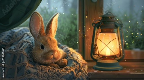 A cozy scene with a rabbit snuggled up in a blanket beside a glowing lantern. photo