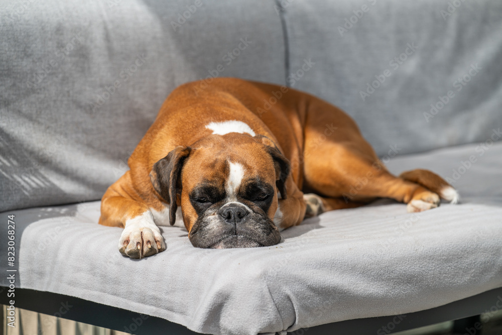 funny face 3 year old purebred golden puppy german boxer dog closeup sleeping at the couch funny face 3 year old purebred golden puppy german boxer dog closeup sleeping at the couch