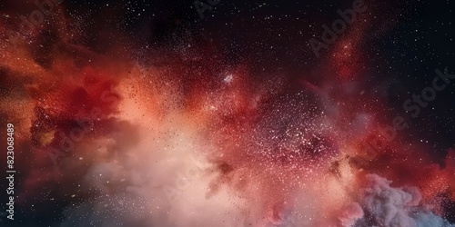 explosion in space  dark red and white particles swirling in the air   abstract red and white cloud  surrounded by particles of fire in the night sky. red space  nebula