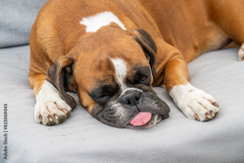 funny face 3 year old purebred golden puppy german boxer dog closeup sleeping at the couch funny face 3 year old purebred golden puppy german boxer dog closeup sleeping at the couch