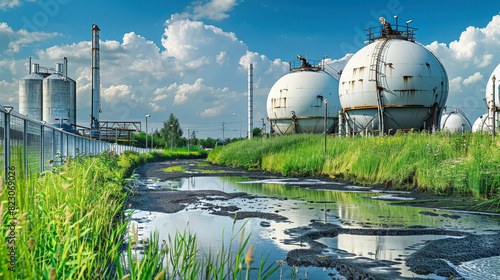 A cluster of oil tanks stands tall in a field overlooking a river, symbolizing the industrial presence in the surrounding landscape