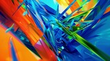 Vivid clashing tones of electric blue, blazing orange, and neon green intertwine and clash, forming dynamic geometric structures that ebb and flow in a chaotic yet harmonious dance, 