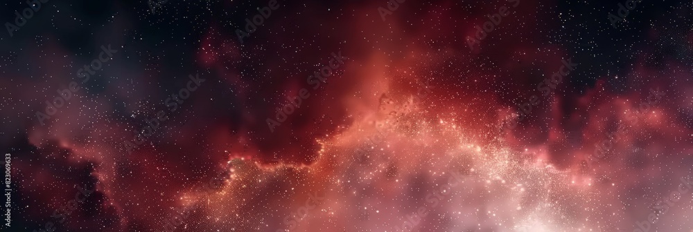 Naklejka premium explosion in space, dark red and white particles swirling in the air, abstract red and white cloud, surrounded by particles of fire in the night sky. red space, nebula