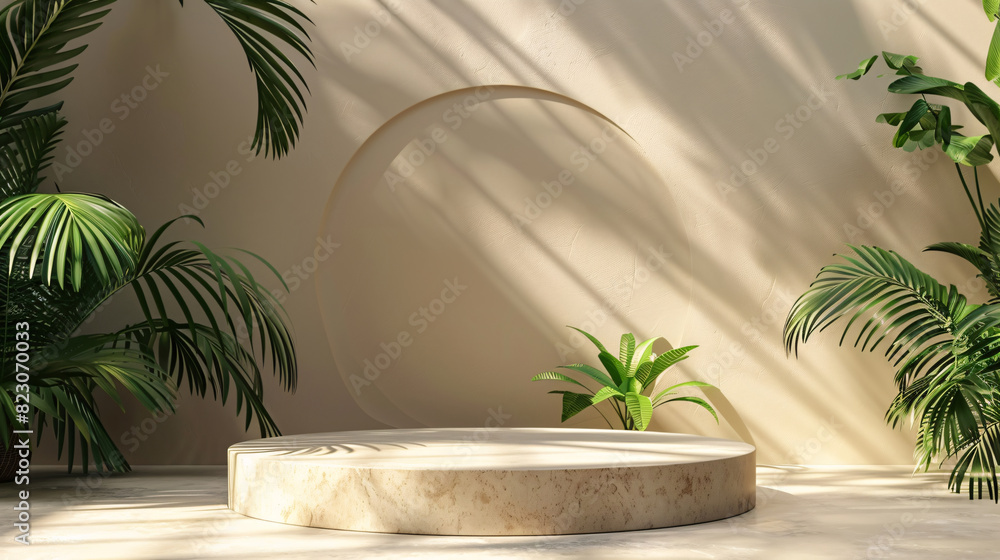 Abstract podium with light shadows and leaf accents, designed for modern product mockups Abstract podium with light shadows and leaf accents, designed for modern product mockups