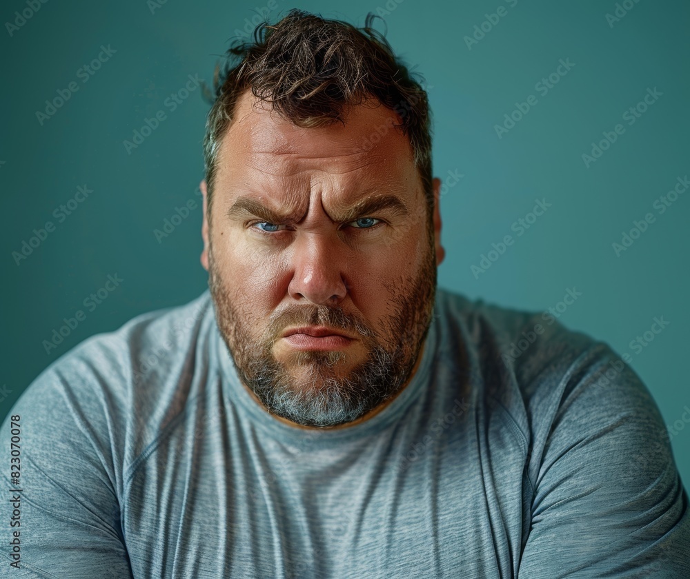 Man With Annoyed Face Expression Wearing Training Sport Kit Against 