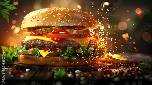 Delicious cheeseburger with fresh lettuce, ripe tomatoes, and sesame seed bun, perfectly cooked and bursting with flavor and sprinkled spices. photo