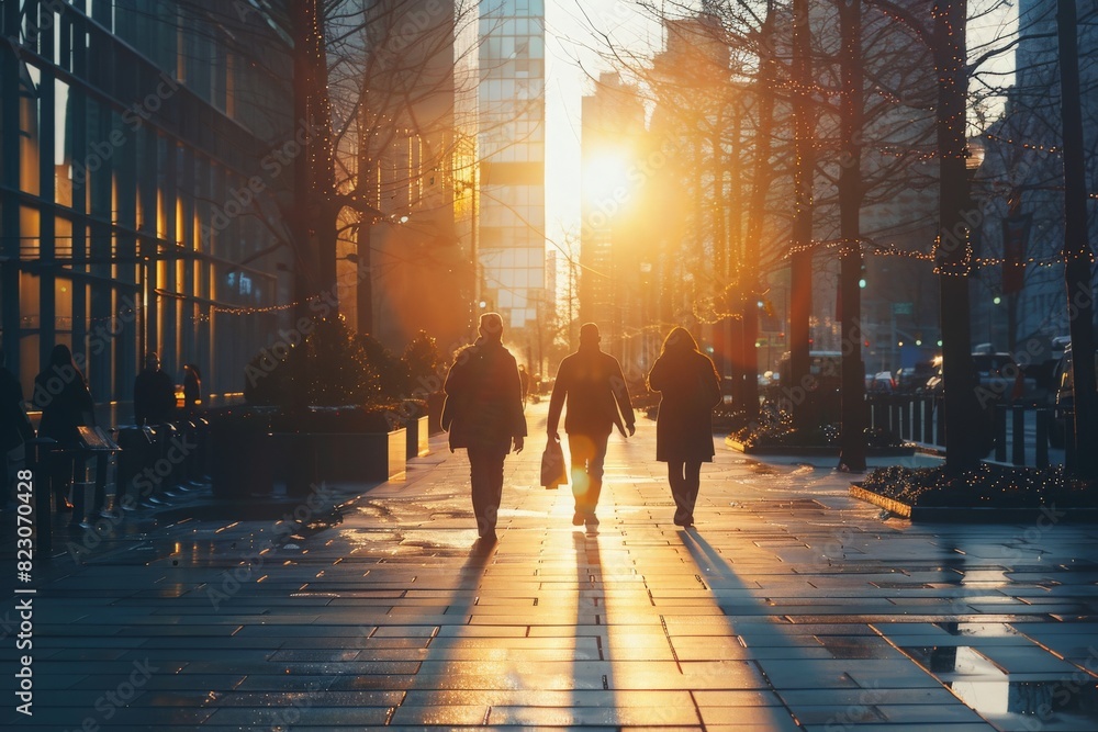 Business people walking through the city at dawn