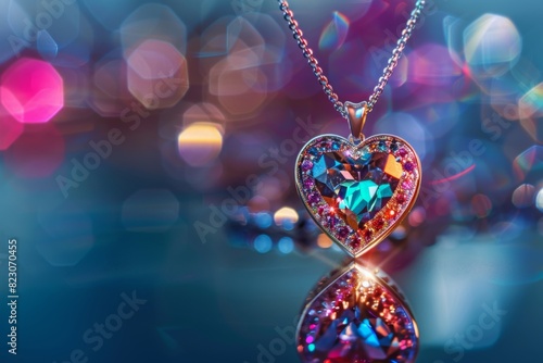 A heart-shaped pendant necklace with gemstones, beautifully lit on a reflective surface