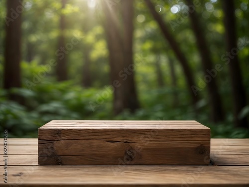 An empty rectangular wooden podium isolated on tropical forest background Showcase stand for product display, stage for product advertisement