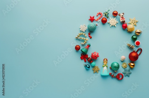 Christmas Ornament Made of Small Toys on Pastel Blue Background
