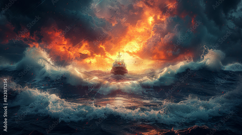 Amid a stormy sea symbolizing AI competition, a boat navigates turbulent waters toward a distant light, embodying the struggle and hope in the AI talent race.generative ai