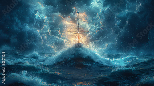 Amid a stormy sea symbolizing AI competition, a boat navigates turbulent waters toward a distant light, embodying the struggle and hope in the AI talent race.generative ai photo