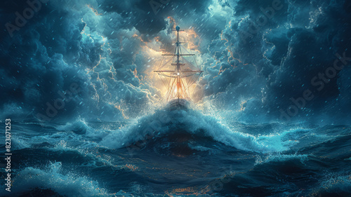 Amid a stormy sea symbolizing AI competition, a boat navigates turbulent waters toward a distant light, embodying the struggle and hope in the AI talent race.generative ai