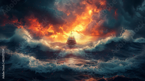 Amid a stormy sea symbolizing AI competition, a boat navigates turbulent waters toward a distant light, embodying the struggle and hope in the AI talent race.generative ai © Suralai