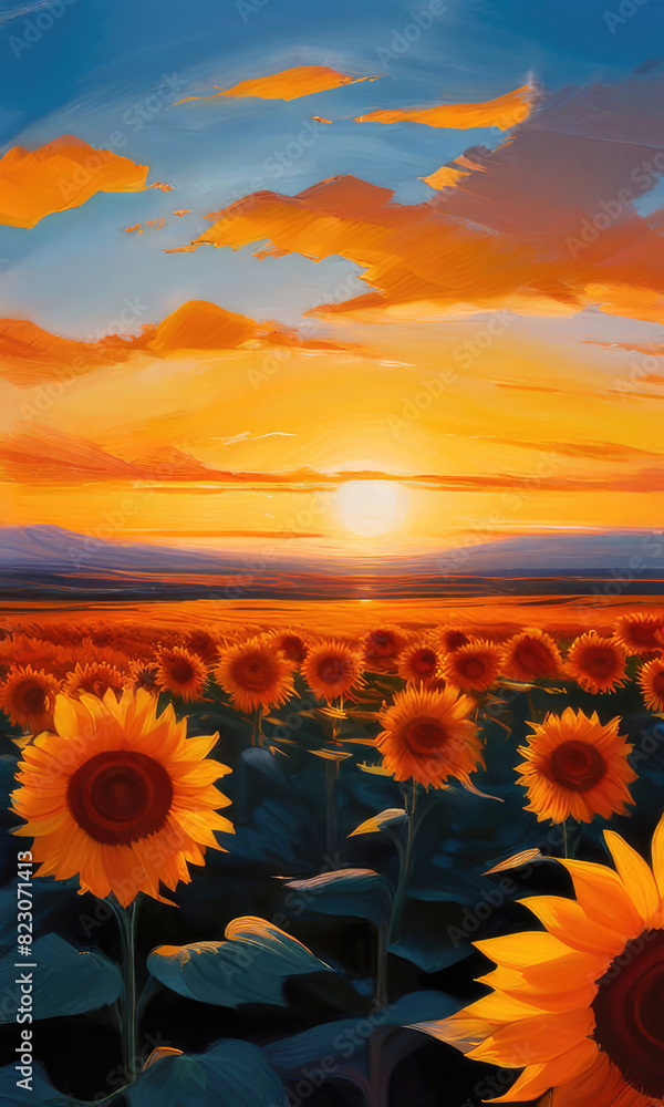 Fototapeta premium Beautiful sunset over big golden sunflower field, oil painting.