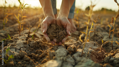 Concept of hard work and dedication to the land. A farmer holds a handful of dry earth in his hands in a field. Harvest was lost due to drought