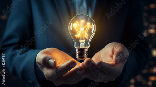 Innovative Business Idea Concept - Businessman Touching Light Bulb Icon for Success and Inspiration
