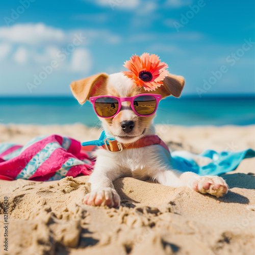 Funny dog wearing summer fashion with rubber ring on pastel background. Summer Vacation Concept © 영민 차