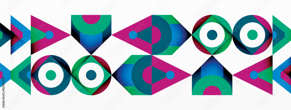 The white background is adorned with a vibrant geometric pattern featuring arrows and circles. This creative design combines symmetry and a variety of colors like magenta and electric blue The white background is adorned with a vibrant geometric pattern featuring arrows and circles. This creative design combines symmetry and a variety of colors like magenta and electric blue