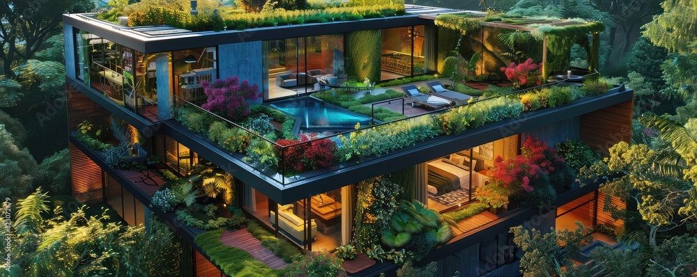 Solarpowered smart home, modern architecture, green rooftop garden, vibrant colors, photorealistic, Solarpowered smart home, modern architecture, green rooftop garden, vibrant colors, photorealistic,