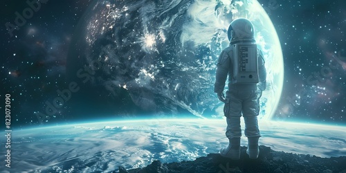 Solitary Astronaut Observing Awe Inspiring Earthrise in the Vast Expanse of the Cosmic Realm photo